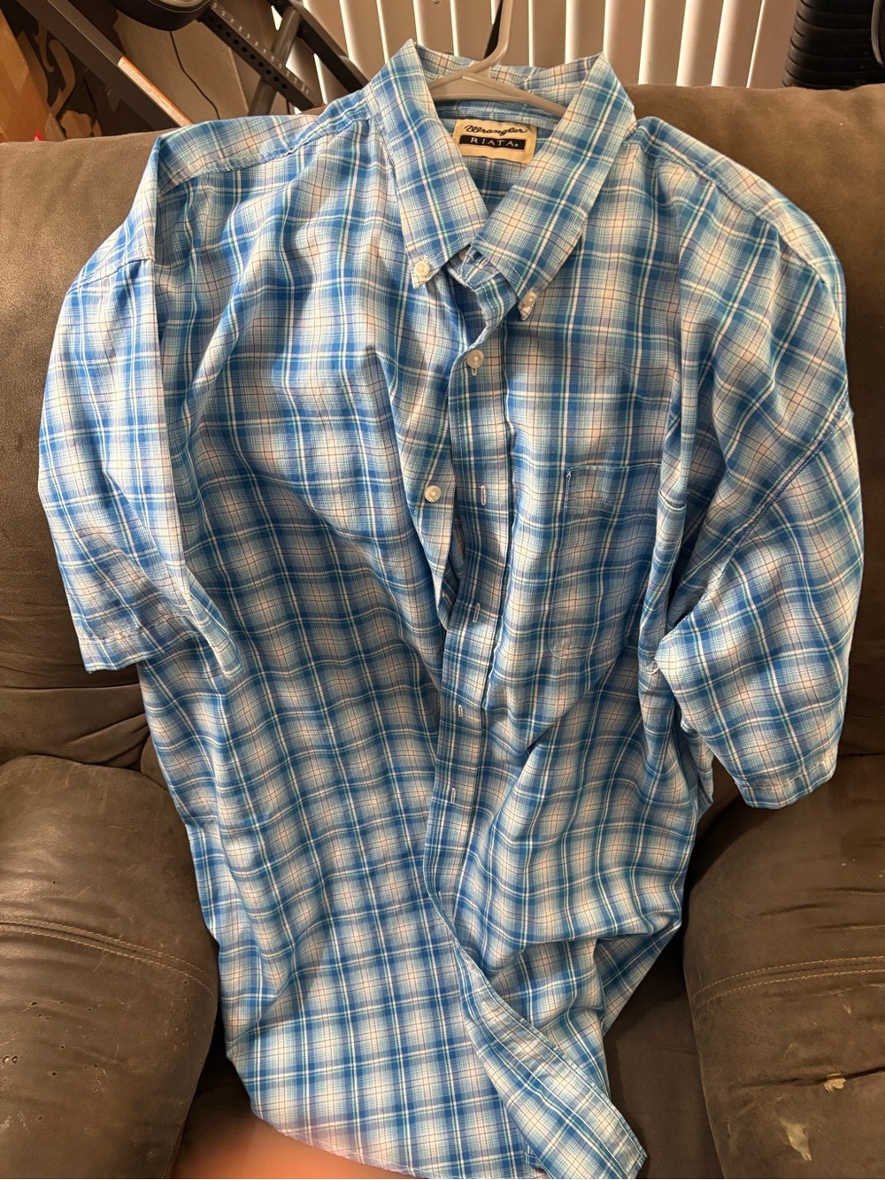 Wrangler Light Blue Plaid Short-Sleeve Button-Down Shirt
